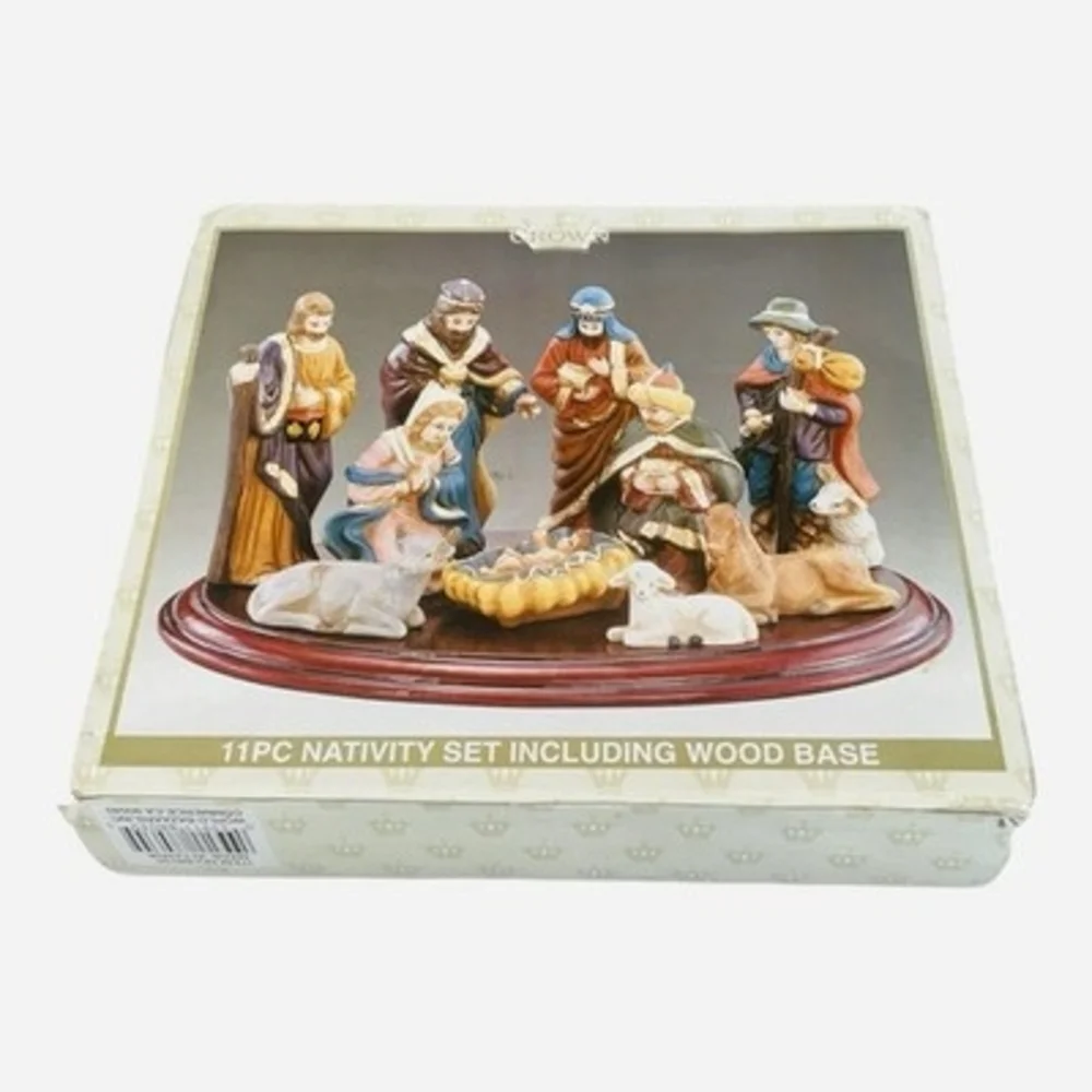 World Bazaar Crown 11pc Porcelain Nativity Set Wood Base Wise Men Mary Jesus